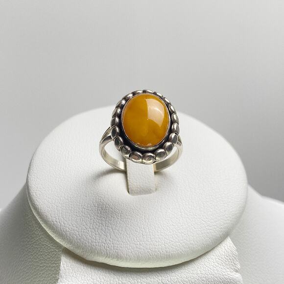 925 Sterling Silver Orange Amber Cabochon Ring Bezel Set Size 7 Boho